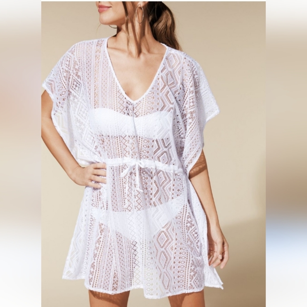 Time & Tru M (8-10)white beach cover up with gold beads and drawstring waist.